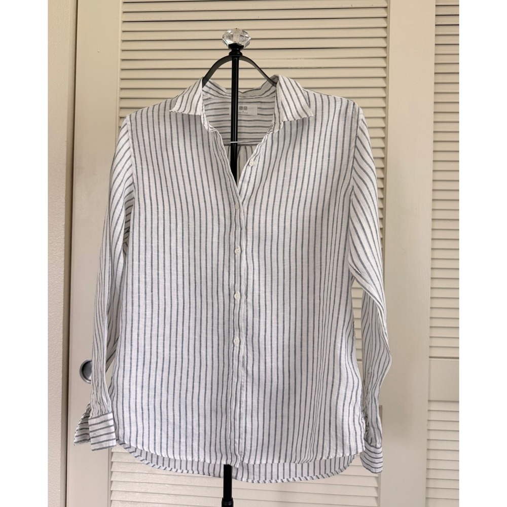 Uniqlo Premium Linen Striped Long Sleeve Button Down Shirt White Blue Medium